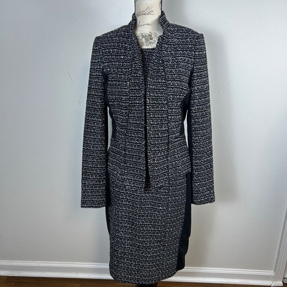 White House Black Market Tweed Dress Suit Set Womens Size 8 Black White 2 Piece